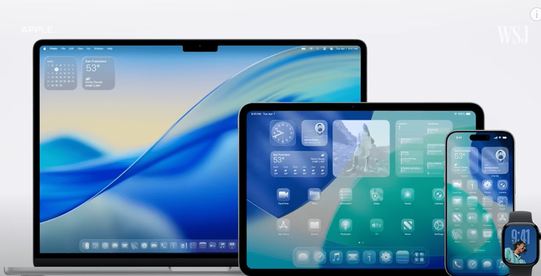 Apple devices displaying Liquid Glass UI and Apple Intelligence at WWDC 2025